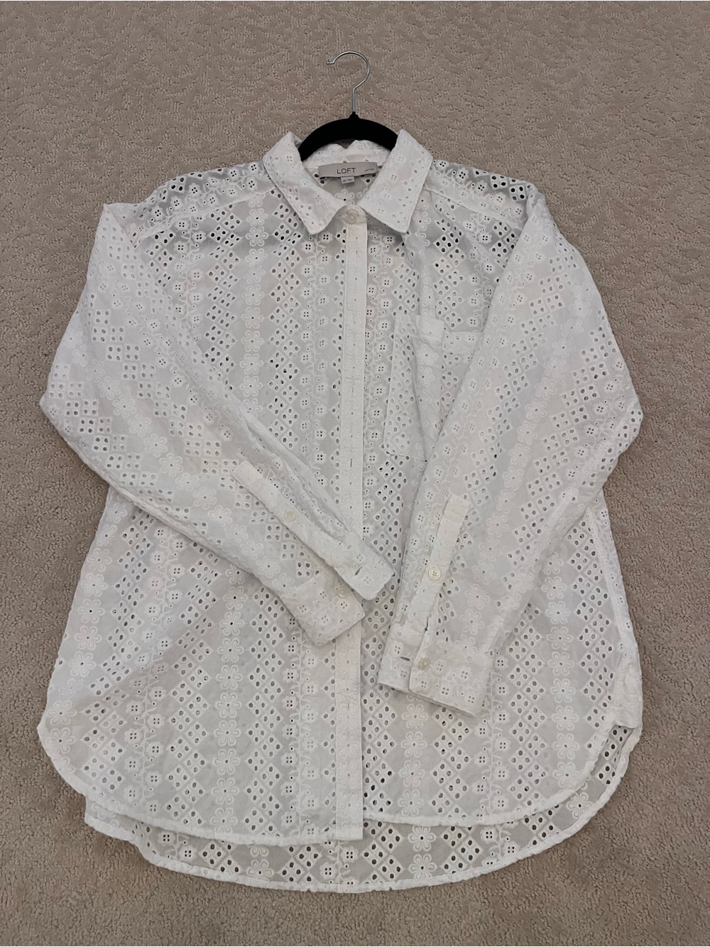 LOFT White Eyelet Button-Down Shirt Petite M